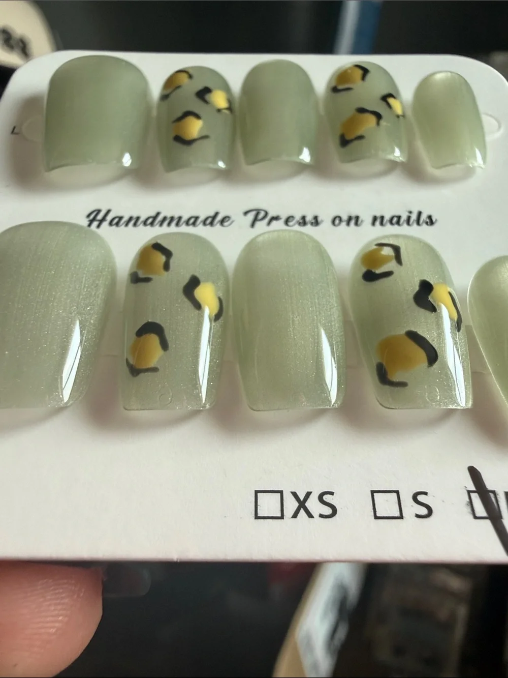 Handmade Sage Green Press-On Nails with Yellow Leopard Accent